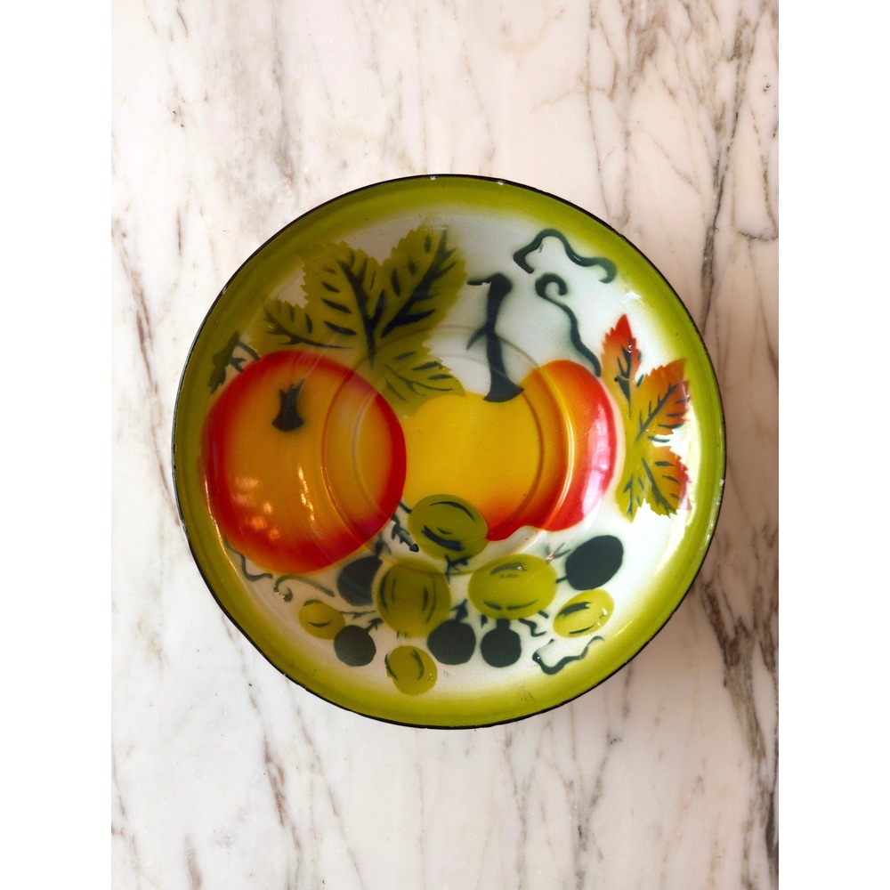 Vintage Mid Century Enamelware Bowl Fall Decor Pumpkin Tomato 12"